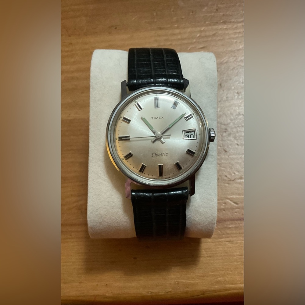 Timex: Men’s vintage (rare find) electromechanical wrist watch black wrist band.